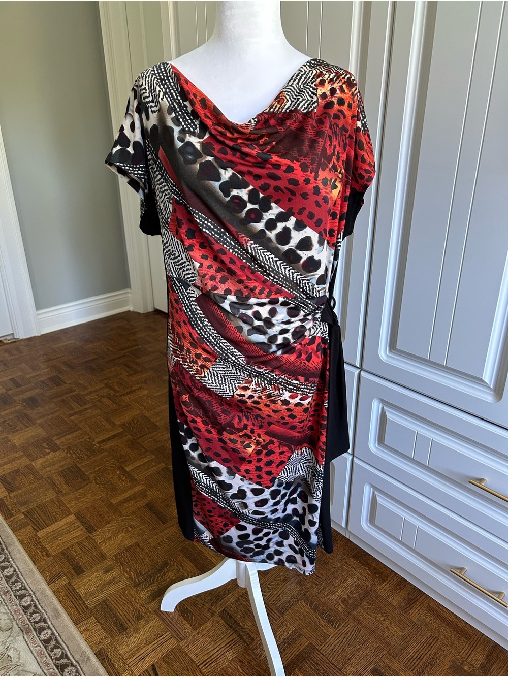 Red and Black Sheath Dress with Cowl Neck and Dolman Sleeves